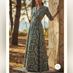 Maxi Linen Dress, Half Sleeve, V Neck, Paisley, Belt Design, Vintage, Cyan